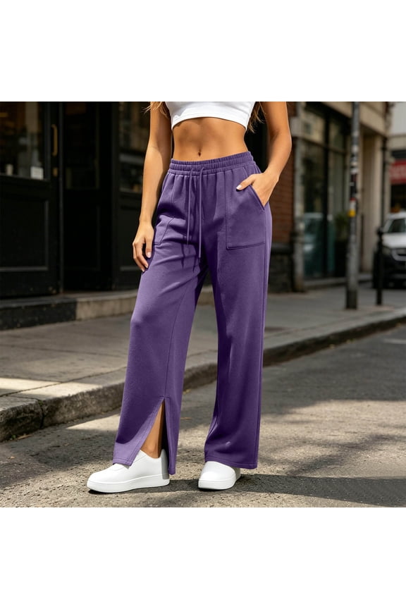 Womens Large Square Patch Pocket Split Hem Wide Leg Sweatpants Elastic Drawstring High Waist Soft Knit Loose Straight Solid Color Everyday Athletic Trousers