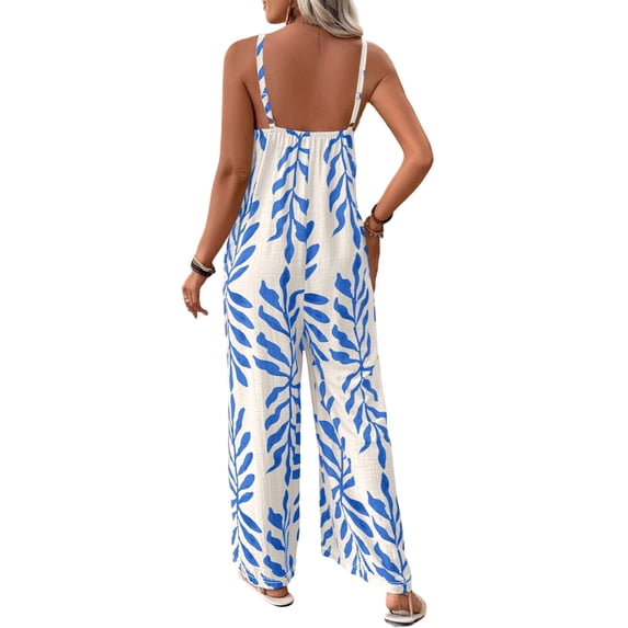 Costeam Womens Leaf Print Spaghetti Strap Jumpsuit Dual Side Hidden Hand Pockets Scoop Neck Elastic Loose Full Length Wide Leg Casual One Piece Outfit