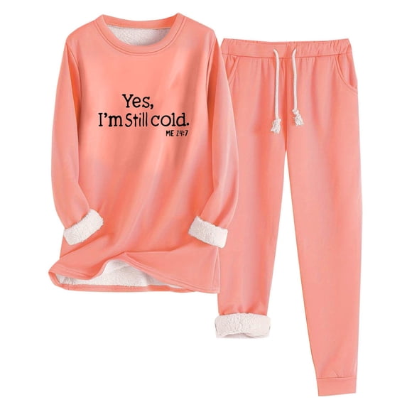 Costeam Womens Letter Print Fleece Lined Long Sleeve Crew Neck Top And Cuffed Jogger Pants Two Piece Thermal Loungewear Set Side Inset Pockets Co Ord Set