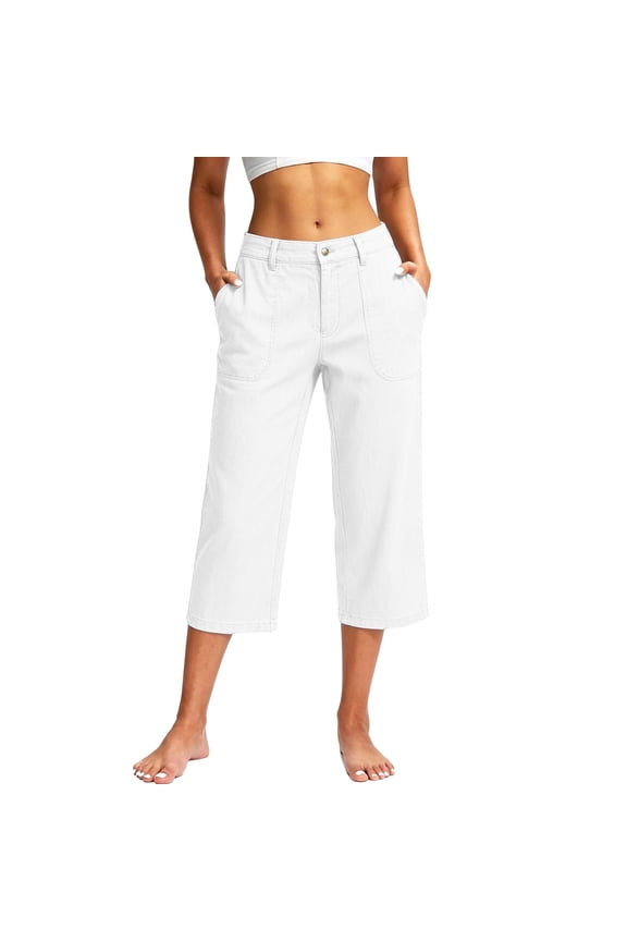 Womens Light Denim Cropped Capri Pants Button Zip Fly Large Patch Front Pockets Relaxed Straight Leg Mid Calf Casual Everyday Jeans