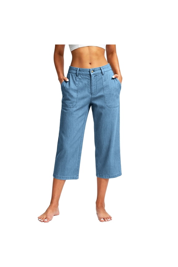 Womens Light Denim Cropped Capri Pants Button Zip Fly Large Patch Front Pockets Relaxed Straight Leg Mid Calf Casual Everyday Jeans