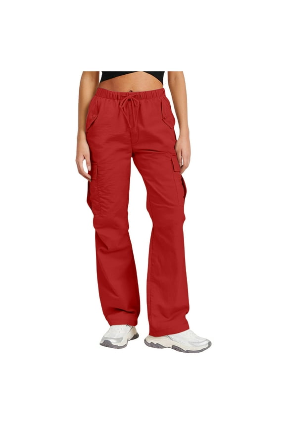 Womens Lightweight Quick Dry Cargo Pants Multi Flap Side Pockets Adjustable Drawstring Elastic High Waist Solid Color Full Length Flare Casual Utility Trousers