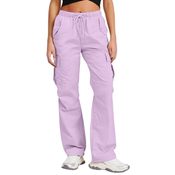 Costeam Womens Lightweight Quick Dry Cargo Pants Multi Flap Side Pockets Adjustable Drawstring Elastic High Waist Solid Color Full Length Flare Casual Utility Trousers