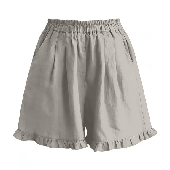 Costeam Womens Linen Bermuda Shorts Ruffle Fringe Hem Full Elastic Pull On Waist with Side Pockets Loose Straight Knee Length Lightweight Soft Breathable Relaxed Fit Casual Cropped Bottoms