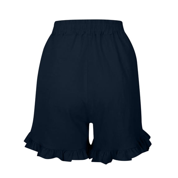 Costeam Womens Linen Bermuda Shorts Ruffle Fringe Hem Full Elastic Pull On Waist with Side Pockets Loose Straight Knee Length Lightweight Soft Breathable Relaxed Fit Casual Cropped Bottoms