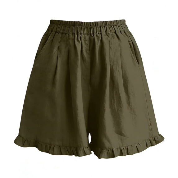 Costeam Womens Linen Bermuda Shorts Ruffle Fringe Hem Full Elastic Pull On Waist with Side Pockets Loose Straight Knee Length Lightweight Soft Breathable Relaxed Fit Casual Cropped Bottoms