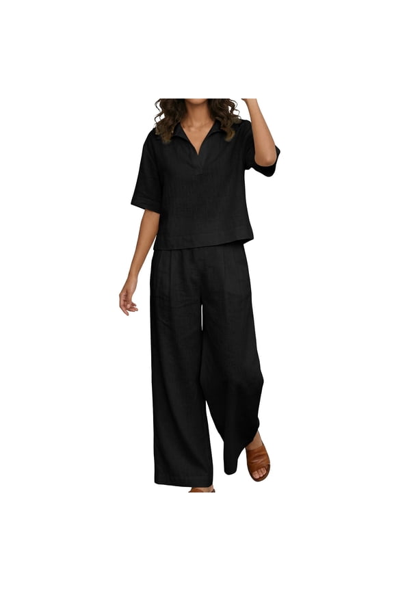 Womens Linen Blend 2 Piece Outfit Set Short Sleeve Polo Collar Cropped Top And Wide Leg Full Length Pants No Pockets Relaxed Fit Solid Color Casual Matching Suit