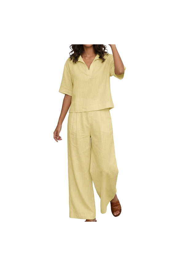 Womens Linen Blend 2 Piece Outfit Set Short Sleeve Polo Collar Cropped Top And Wide Leg Full Length Pants No Pockets Relaxed Fit Solid Color Casual Matching Suit