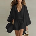 thumbnail image 1 of Costeam Womens Linen Blend 3 Piece Beach Outfit Loose Kimono Open Front Cardigan Deep V Neck Inner Top Drawstring Elastic Waist Casual Shorts Lightweight Vacation Matching Sets, 1 of 9
