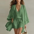 thumbnail image 1 of Costeam Womens Linen Blend 3 Piece Beach Outfit Loose Kimono Open Front Cardigan Deep V Neck Inner Top Drawstring Elastic Waist Casual Shorts Lightweight Vacation Matching Sets, 1 of 9
