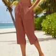 thumbnail image 1 of Costeam Womens Linen Blend Button Front Convertible Capri Pants Dual Side Slip Pockets Drawstring Elastic High Waist Loose Straight Leg Mid Calf Full Length Casual Trousers, 1 of 5
