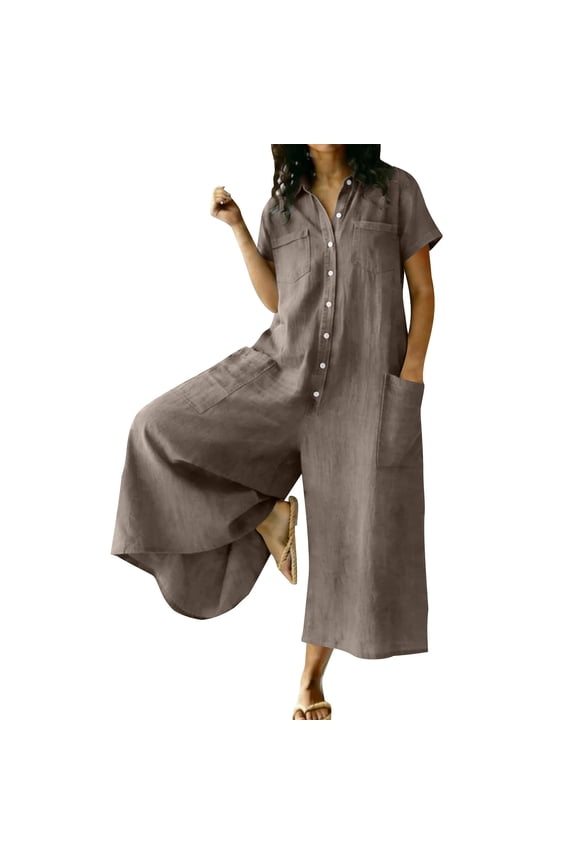 Womens Linen Blend Button Front Short Sleeve Jumpsuit with Pockets Loose Wide Leg Casual Cropped Romper