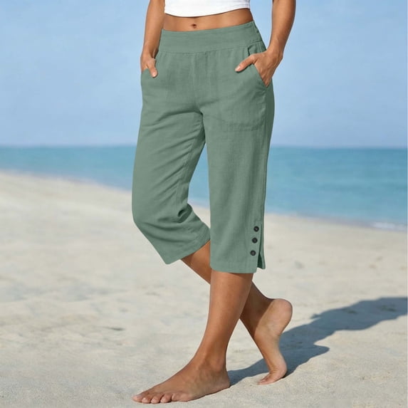 Costeam Womens Linen Blend Capri Pants Casual Elastic High Waist Cropped Trousers with Side Pockets and Button Split Hem Lightweight Breathable Summer Pants