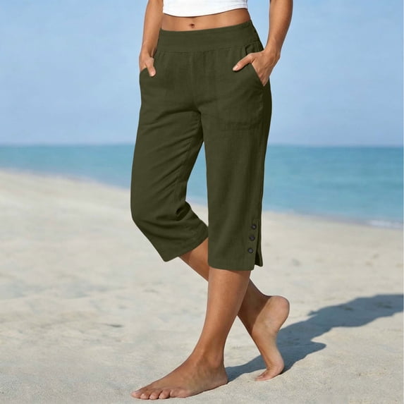 Costeam Womens Linen Blend Capri Pants Casual Elastic High Waist Cropped Trousers with Side Pockets and Button Split Hem Lightweight Breathable Summer Pants