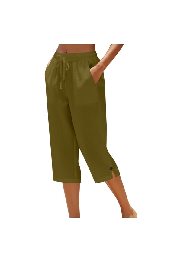 Womens Linen Blend Capri Pants Drawstring Elastic Waist Side Pockets Button Slit Hem Loose Straight Fit Lightweight Breathable Summer Casual Cropped Trousers