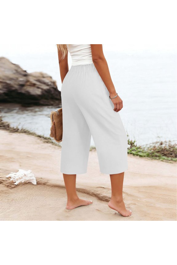 Womens Linen Blend Capri Pants Solid Color Dual Side Hand Pockets Delicate Lace Trim Hem Elastic High Waist Loose Straight Fit Summer Casual Cropped Trousers