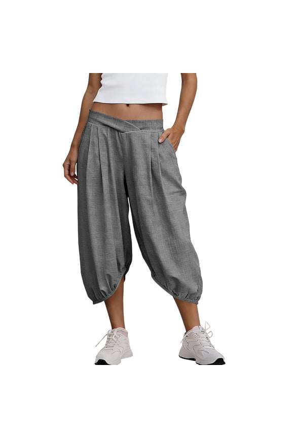 Womens Linen Blend Cropped Harem Pants Cross Elastic Waist Casual Summer Trousers with Elastic Cuffs