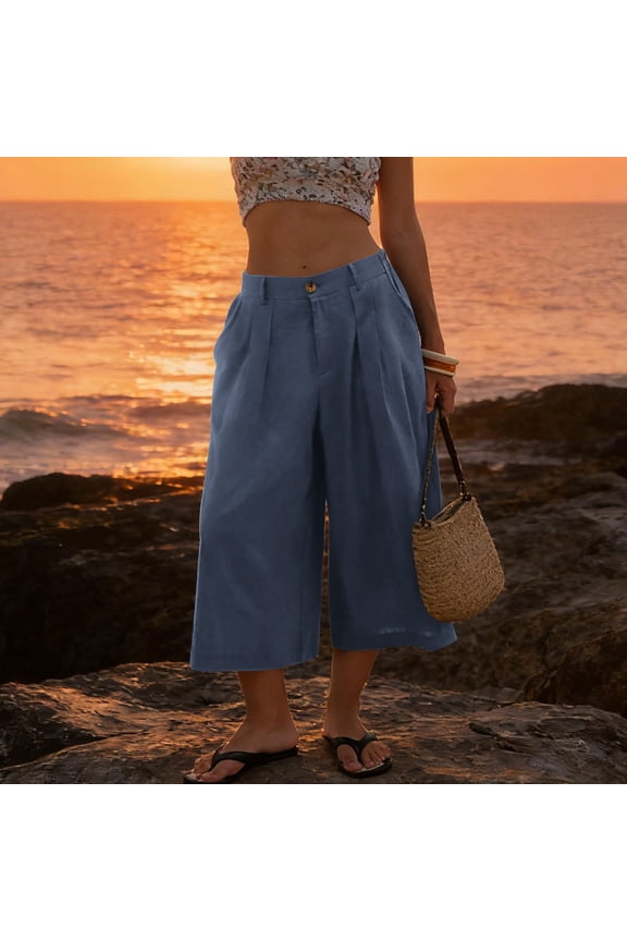 Womens Linen Blend Culotte Capri Pants Double Front Pleats Belt Loops Button Zip Waist Side Slant Pockets Loose Wide Calf Length Lightweight Breathable Relaxed Fit Cropped Trousers