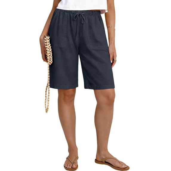 Costeam Womens Linen Blend Drawstring Elastic Waist Bermuda Shorts with Patch Pockets Casual Summer Mid Thigh Shorts