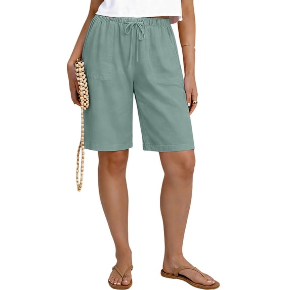 Costeam Womens Linen Blend Drawstring Elastic Waist Bermuda Shorts with Patch Pockets Casual Summer Mid Thigh Shorts