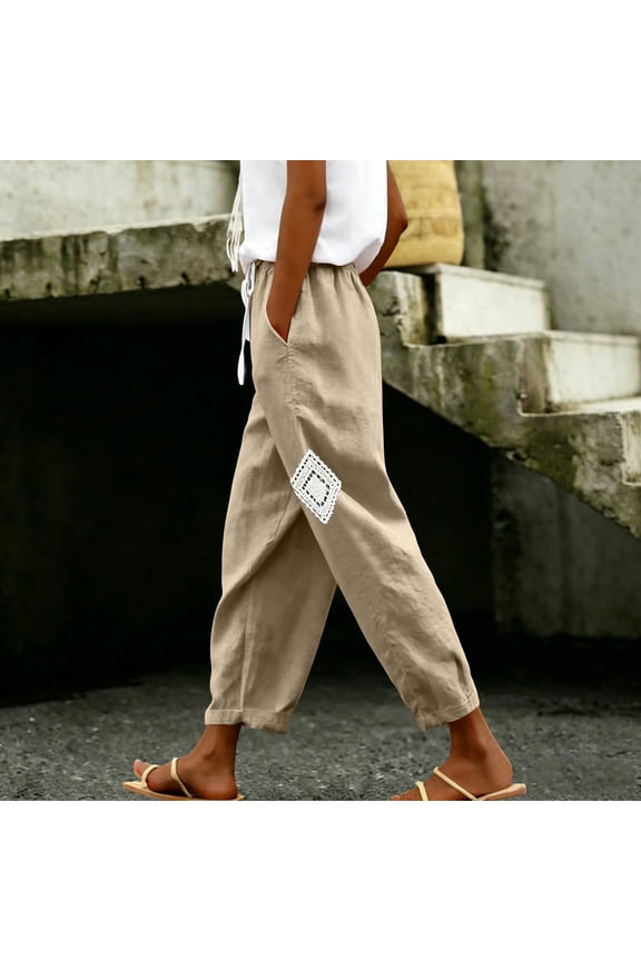 Womens Linen Blend Harem Pants Square Lace Patch Detail Dual Side Pockets Drawstring Elastic Waist Cropped Tapered Leg Solid Color Casual Summer Beach Lounge Trousers