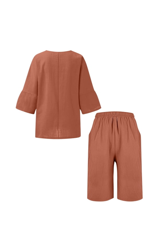 Womens Linen Blend Henley Short Sleeve Top and Capri Pants 2 Piece Matching Set Dual Side Hand Pockets Drawstring Elastic High Waist Loose Relaxed Breathable Summer Casual Outfit