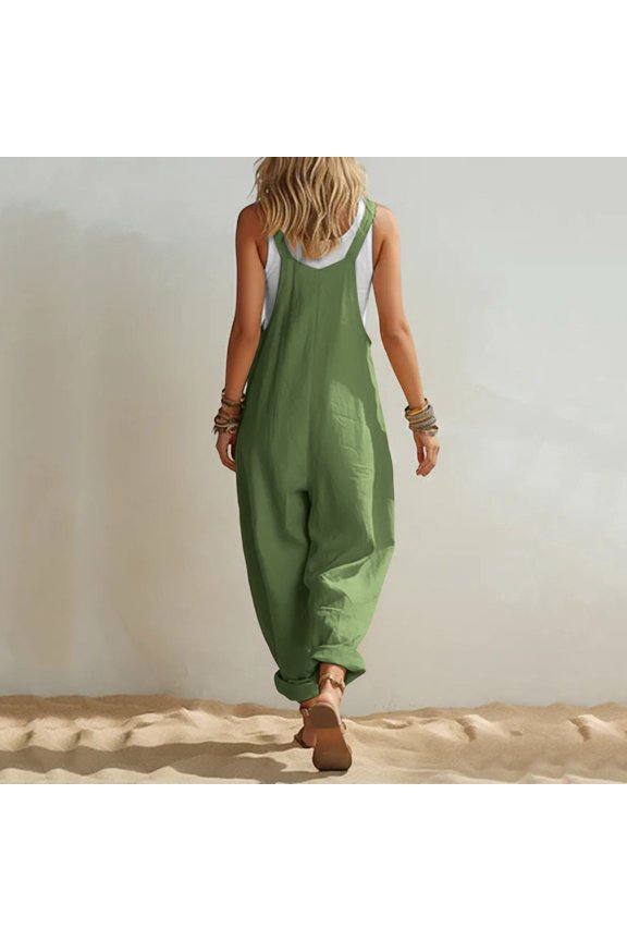 Womens Linen Blend Overalls Jumpsuit Dual Large Side Patch Pockets Adjustable Metal Button Suspender Straps Loose Cuffed Ankle Full Length Lightweight Breathable Casual One Piece Outfit