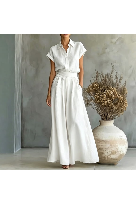 Womens Linen Blend Short Sleeve Button Down Shirt and High Waist Wide Leg Pants 2 Piece Outfit Casual Summer Matching Set with Side Pockets