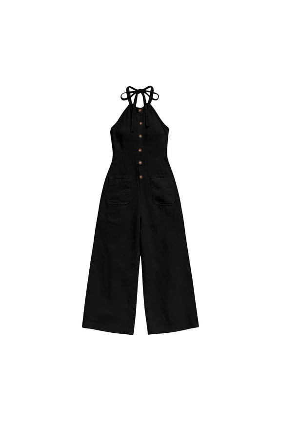 Womens Linen Blend Sleeveless One Piece Jumpsuit Dual Side Hand Pockets Elastic Waist Full Length Straight Leg Casual Summer Breathable Romper Trousers
