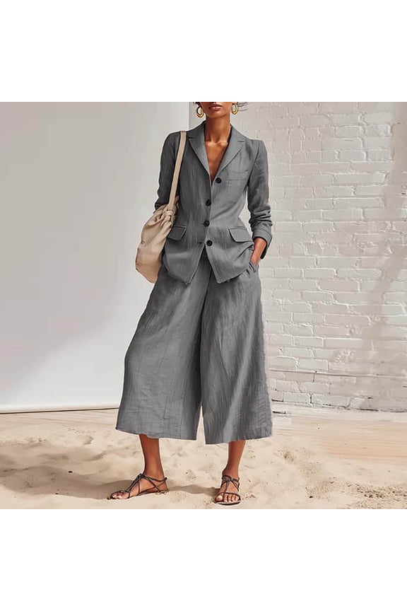 Womens Linen Blend Two Piece Blazer and Wide Leg Culotte Pants Set Button Front Casual Work Office Outfit