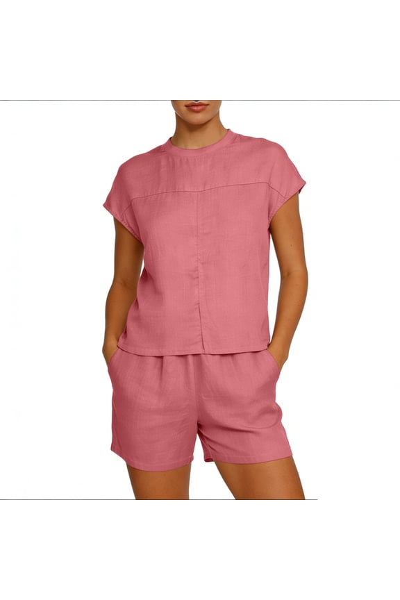 Womens Linen Blend Two Piece Outfit Round Neck Short Sleeve Top Elastic Waist Shorts with Pockets Loose Fit Casual Summer Matching Set