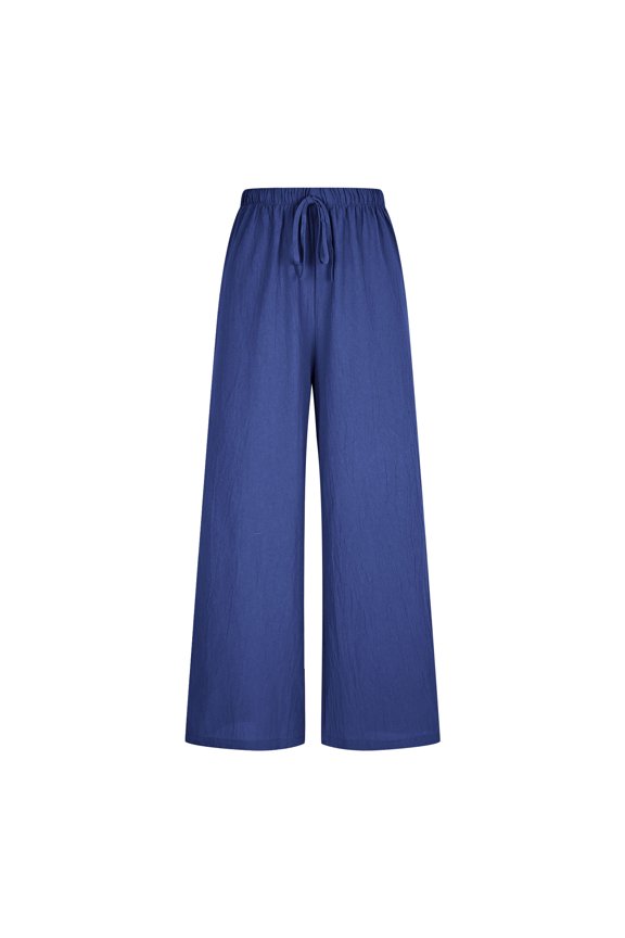 Womens Linen Blend Wide Leg Jogger Pants Self Fabric Drawstring Elastic High Waist Side Slip Pockets Convertible Ankle Cuff Loose Full Length Lightweight Breathable Casual Trousers