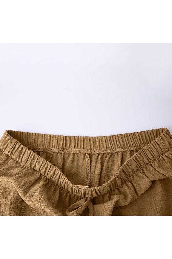 Womens Linen Blend Wide Leg Jogger Pants Self Fabric Drawstring Elastic High Waist Side Slip Pockets Convertible Ankle Cuff Loose Full Length Lightweight Breathable Casual Trousers