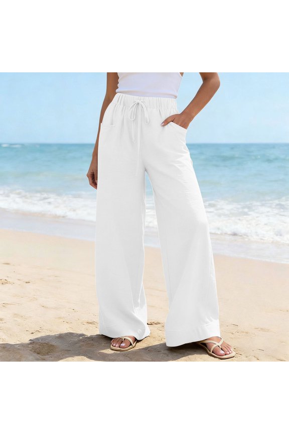 Womens Linen Blend Wide Leg Pants Adjustable Fabric Drawstring Full Elastic High Waist Square Side Patch Pockets Full Length Floor Sweeping Lightweight Wrinkle Friendly Casual Trousers