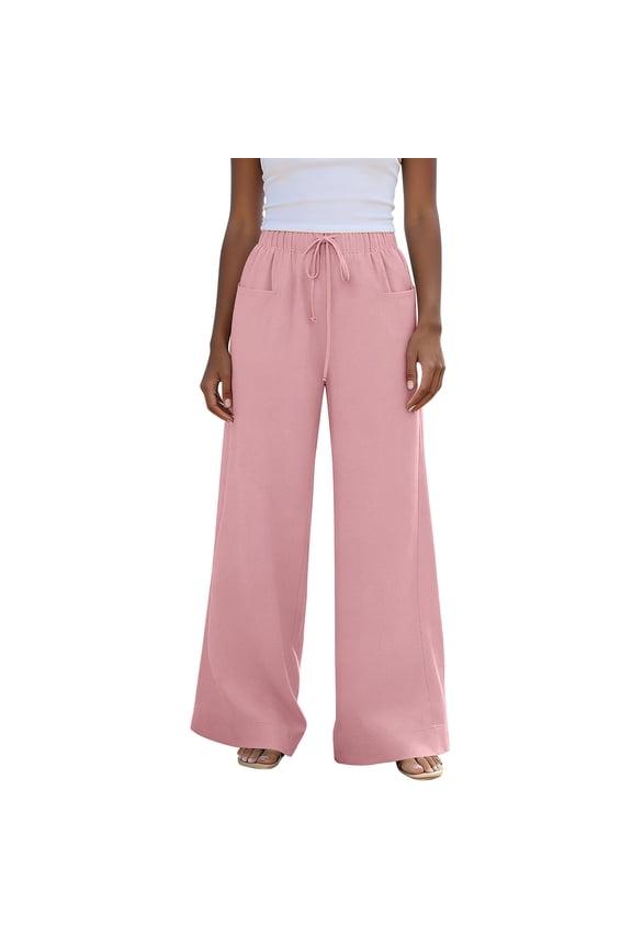 Womens Linen Blend Wide Leg Pants Adjustable Fabric Drawstring Full Elastic High Waist Square Side Patch Pockets Full Length Floor Sweeping Lightweight Wrinkle Friendly Casual Trousers