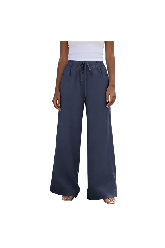 Womens Linen Blend Wide Leg Pants Adjustable Fabric Drawstring Full Elastic High Waist Square Side Patch Pockets Full Length Floor Sweeping Lightweight Wrinkle Friendly Casual Trousers