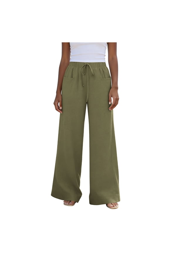 Womens Linen Blend Wide Leg Pants Adjustable Fabric Drawstring Full Elastic High Waist Square Side Patch Pockets Full Length Floor Sweeping Lightweight Wrinkle Friendly Casual Trousers