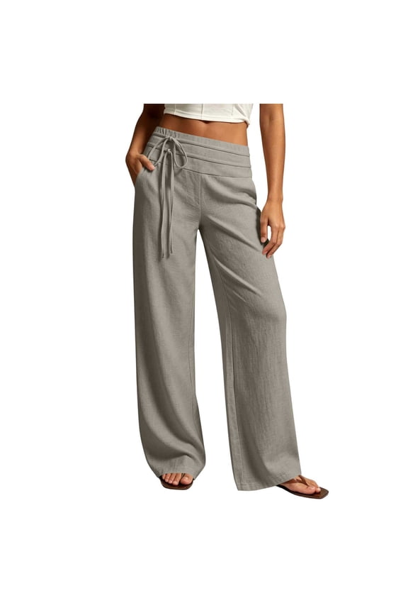 Womens Linen Blend Wide Leg Pants Double Layer Waistband Adjustable Drawstring With Side Pockets Loose Fit Lightweight Solid Color Full Length Casual Trousers