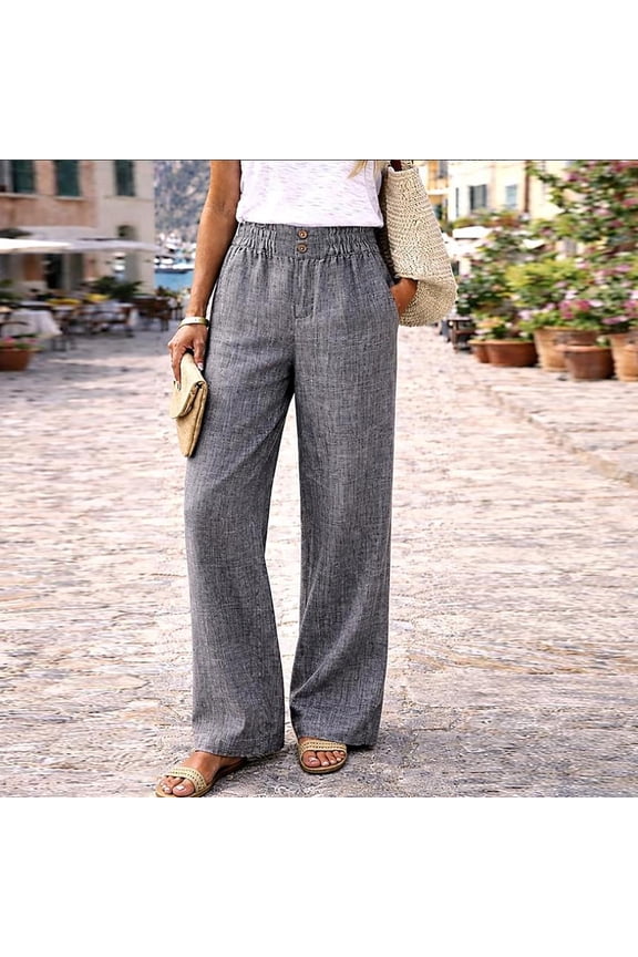 Womens Linen Blend Wide Leg Pants Dual Front Decorative Buttons Side Slip Pockets Smocked Elastic High Waist Full Length Lightweight Loose Casual Trousers