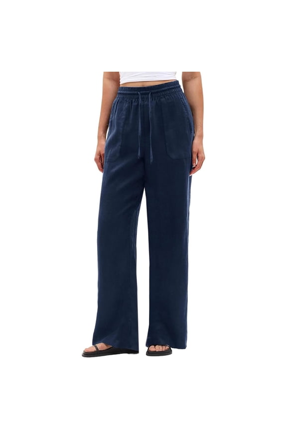Womens Linen Blend Wide Leg Pants Oversized Square Patch Pockets Self Fabric Drawstring Full Elastic High Waist Full Length Lightweight Wrinkle Resistant Loose Casual Trousers