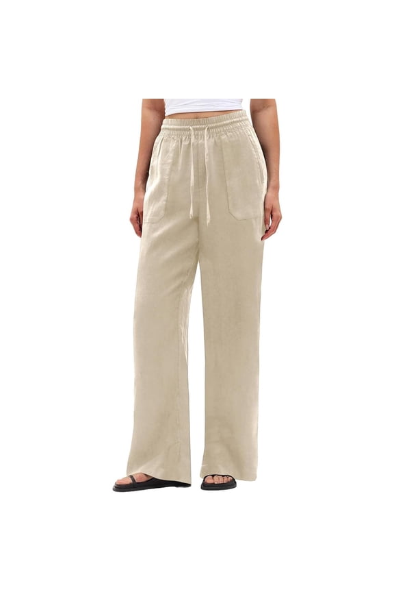 Womens Linen Blend Wide Leg Pants Oversized Square Patch Pockets Self Fabric Drawstring Full Elastic High Waist Full Length Lightweight Wrinkle Resistant Loose Casual Trousers