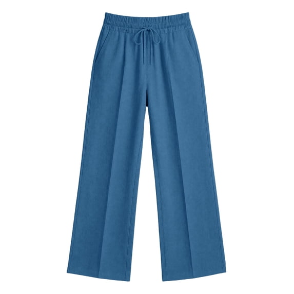 Costeam Womens Linen Blend Wide Leg Pants Vertical Front Seam Side Slip Pockets Self Fabric Drawstring Full Elastic High Waist Lightweight Wrinkle Resistant Loose Full Length Casual Trousers