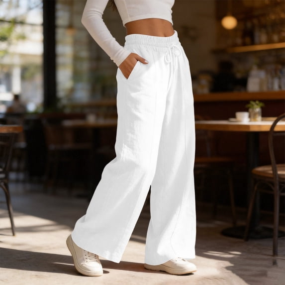 Costeam Womens Linen Blend Wide Leg Pants Vertical Front Seam Side Slip Pockets Self Fabric Drawstring Full Elastic High Waist Lightweight Wrinkle Resistant Loose Full Length Casual Trousers