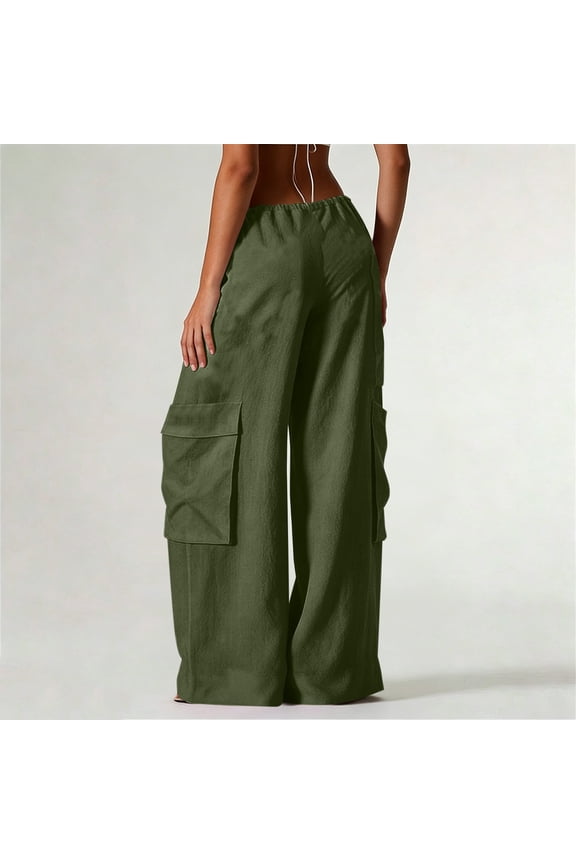 Womens Linen Cargo Pants Drawstring Elastic Waist Wide Leg with Multiple Side Flap Pockets Loose Fit Lightweight Breathable Casual Utility Trousers Soft Comfy Long Pants