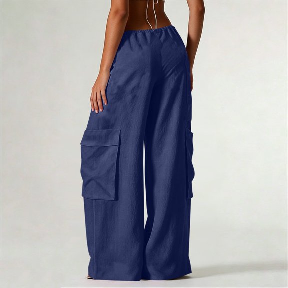 Costeam Womens Linen Cargo Pants Drawstring Elastic Waist Wide Leg with Multiple Side Flap Pockets Loose Fit Lightweight Breathable Casual Utility Trousers Soft Comfy Long Pants