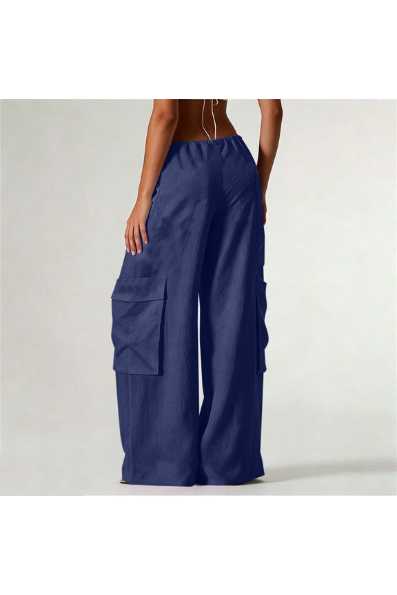 Womens Linen Cargo Pants Drawstring Elastic Waist Wide Leg with Multiple Side Flap Pockets Loose Fit Lightweight Breathable Casual Utility Trousers Soft Comfy Long Pants