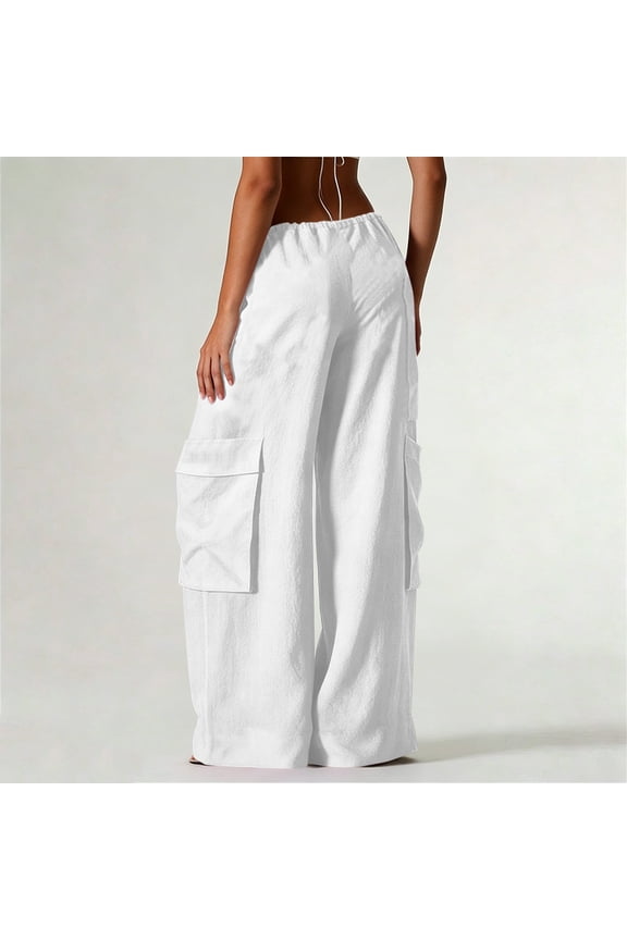 Womens Linen Cargo Pants Drawstring Elastic Waist Wide Leg with Multiple Side Flap Pockets Loose Fit Lightweight Breathable Casual Utility Trousers Soft Comfy Long Pants