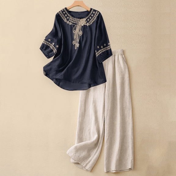 Costeam Womens Linen Embroidered Top and Wide Leg Pants Two Piece Set Soft Draping Fabric Elastic Waist Relaxed Fit Retro Decor Detail Casual Coordinated Outfit