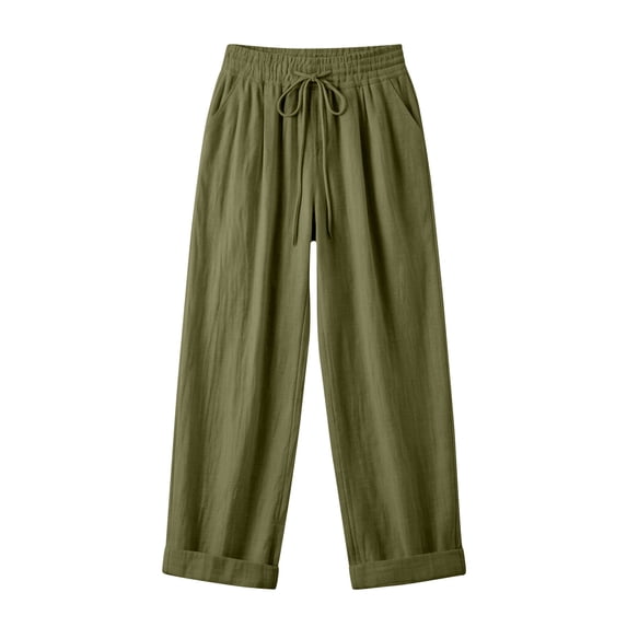 Costeam Womens Linen Feel Wide Leg Full Length Pants Drawstring All Elastic High Waist Deep Side Slip Pockets Oversized Loose Straight Lightweight Wrinkle Resistant Flowy Casual Trousers
