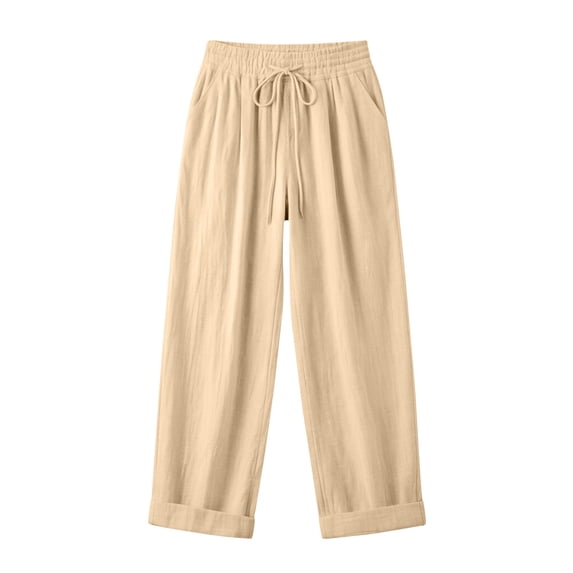 Costeam Womens Linen Feel Wide Leg Full Length Pants Drawstring All Elastic High Waist Deep Side Slip Pockets Oversized Loose Straight Lightweight Wrinkle Resistant Flowy Casual Trousers